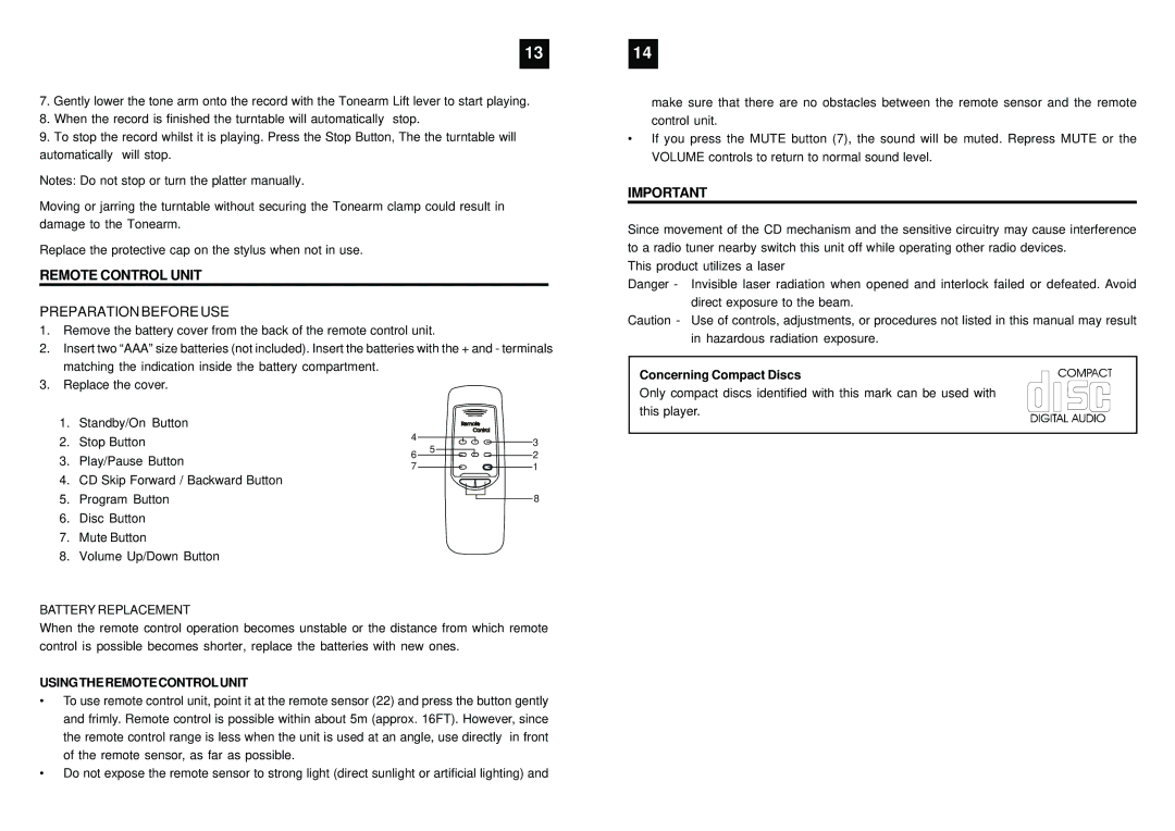 Curtis RCD904 manual Remote Control Unit, Usingtheremotecontrolunit 