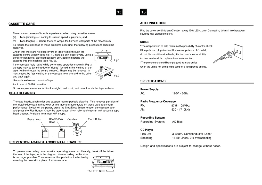 Curtis RCD904 manual Cassette Care, Head Cleaning, Prevention Against Accidental Erasure, AC Connection, Specifications 