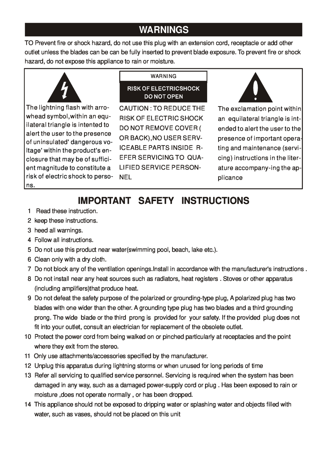 Curtis RCD904 manual Warnings, Important Safety Instructions 