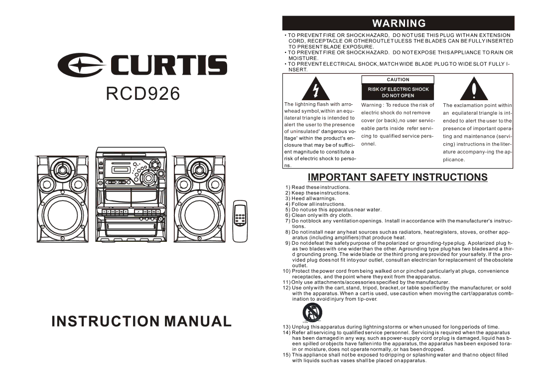 Curtis RCD926 important safety instructions 