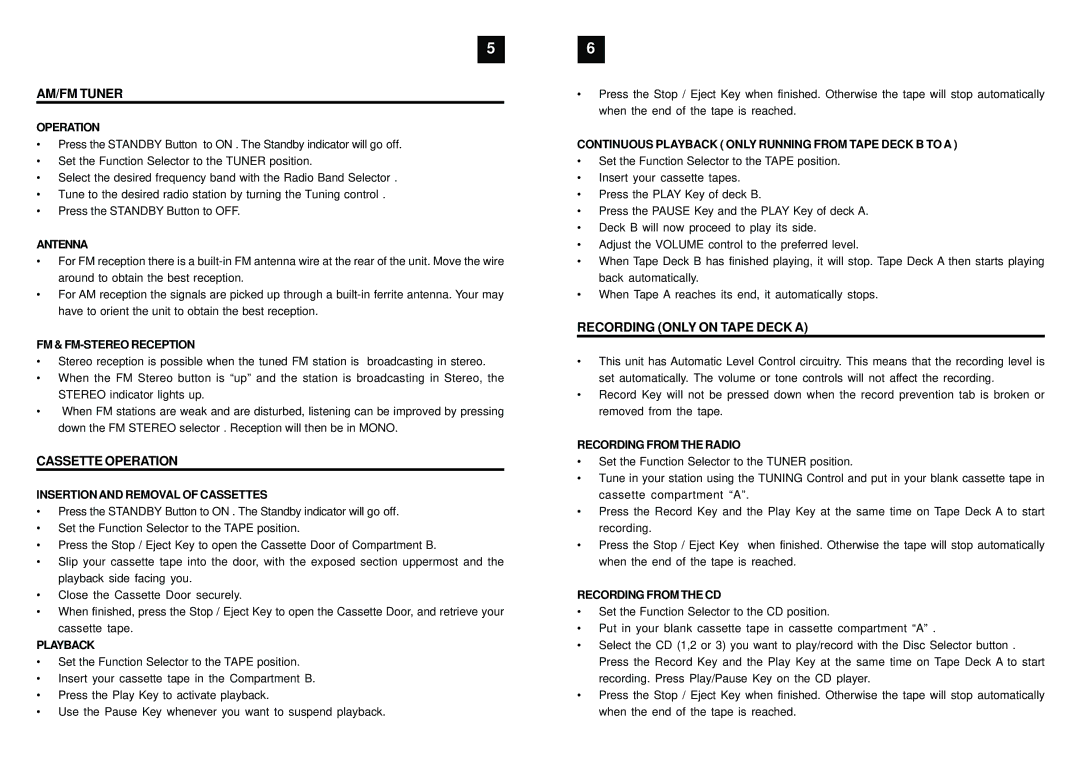 Curtis RCD926 important safety instructions AM/FM Tuner, Cassette Operation, Recording only on Tape Deck a 