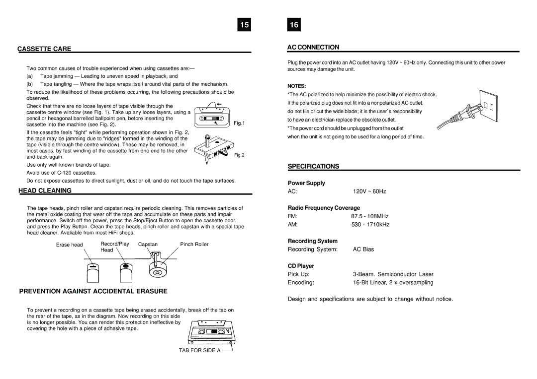 Curtis RCD926 Cassette Care, Head Cleaning, Prevention Against Accidental Erasure, AC Connection, Specifications 