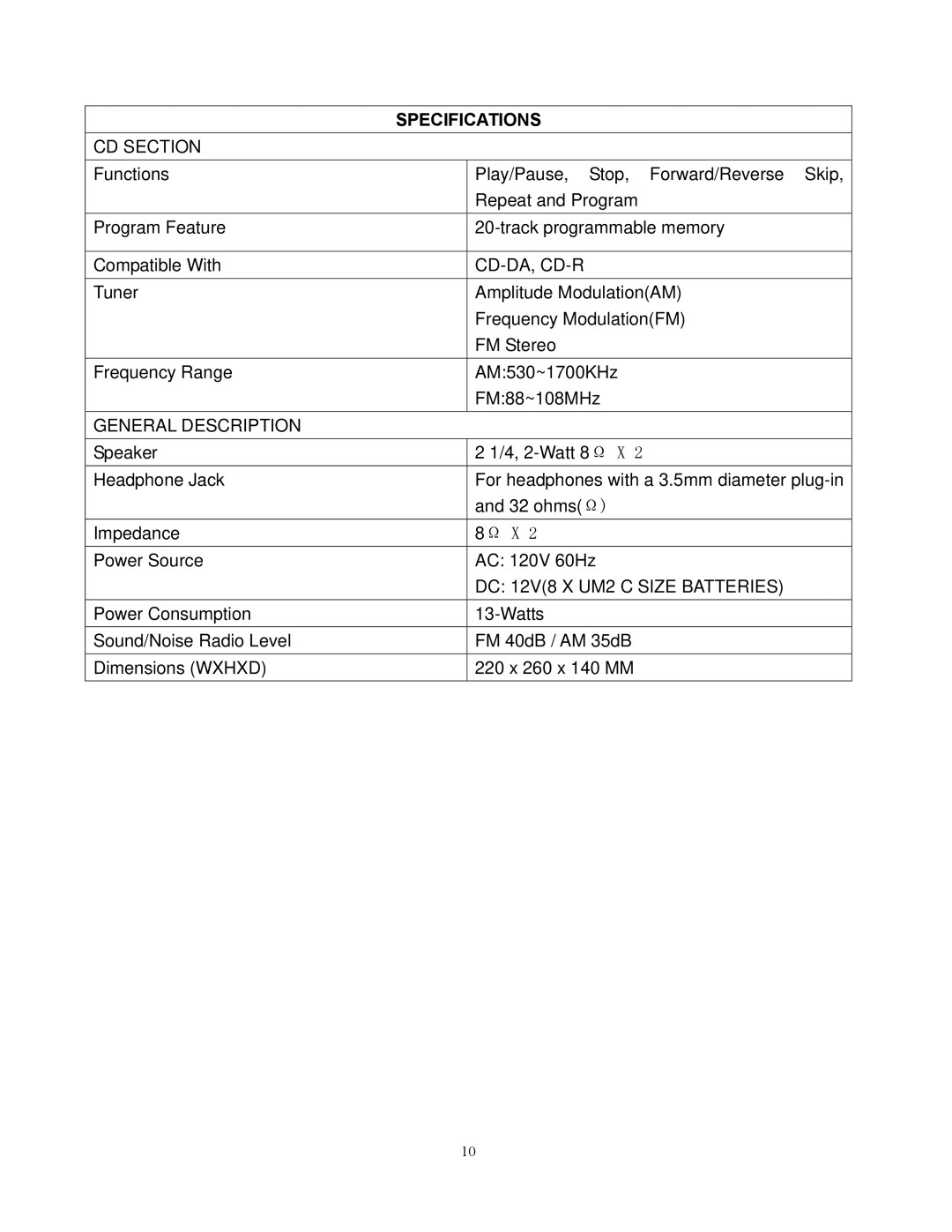 Curtis RCD951 instruction manual Specifications 