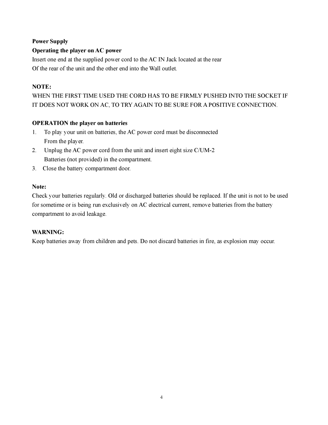 Curtis RCD951 instruction manual Power Supply Operating the player on AC power, Operation the player on batteries 