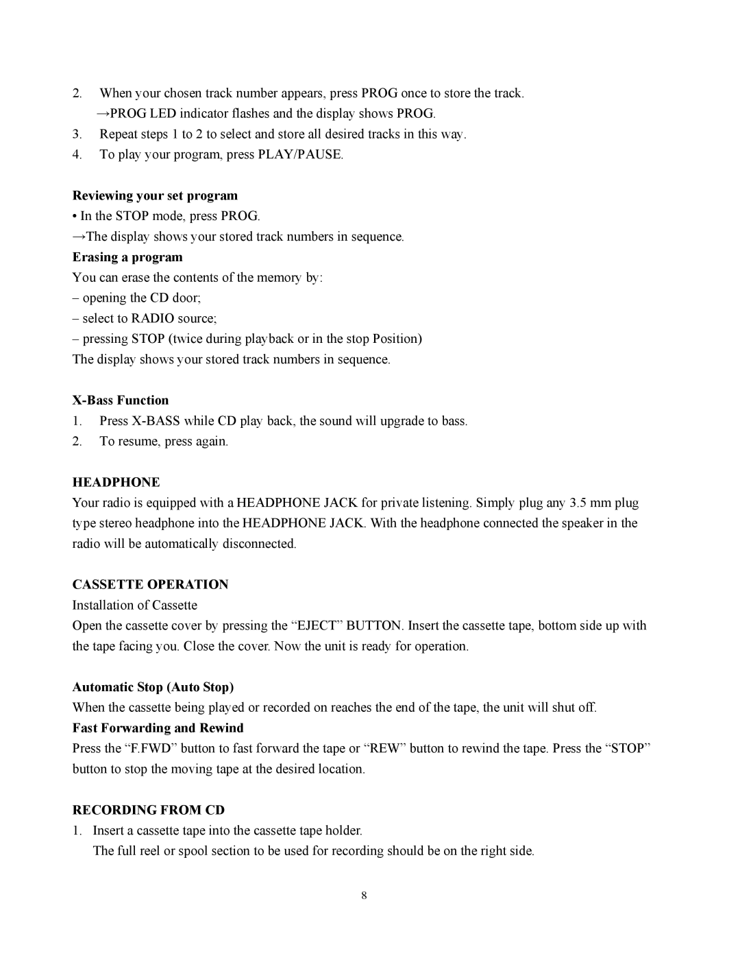 Curtis RCD951 instruction manual Headphone, Cassette Operation, Recording from CD 