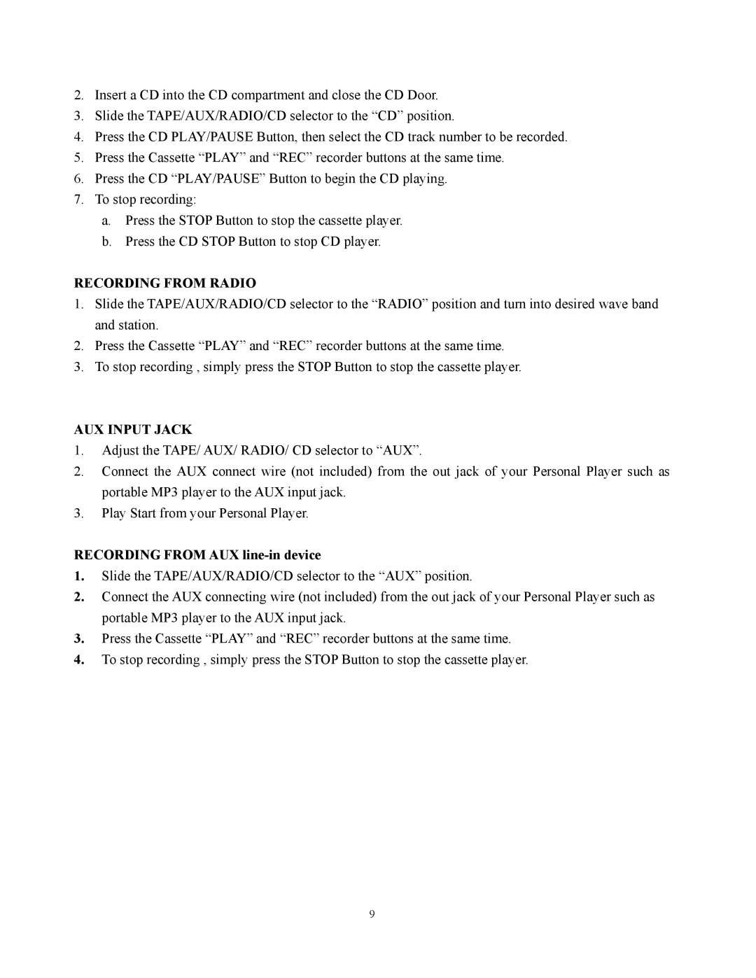 Curtis RCD951 instruction manual Recording from Radio, AUX Input Jack, Recording from AUX line-in device 