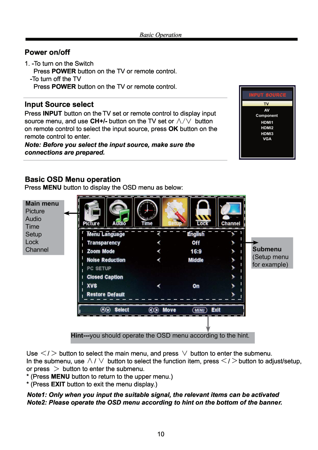 Curtis RLED3218A manual Power on/off, Input Source select, Basic OSD Menu operation, Basic Operation, Main menu 