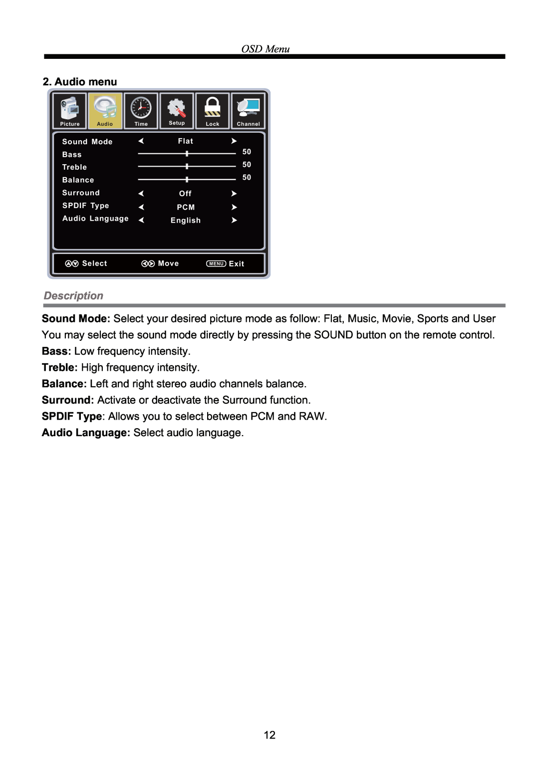 Curtis RLED3218A manual OSD Menu, Audio menu, Description 