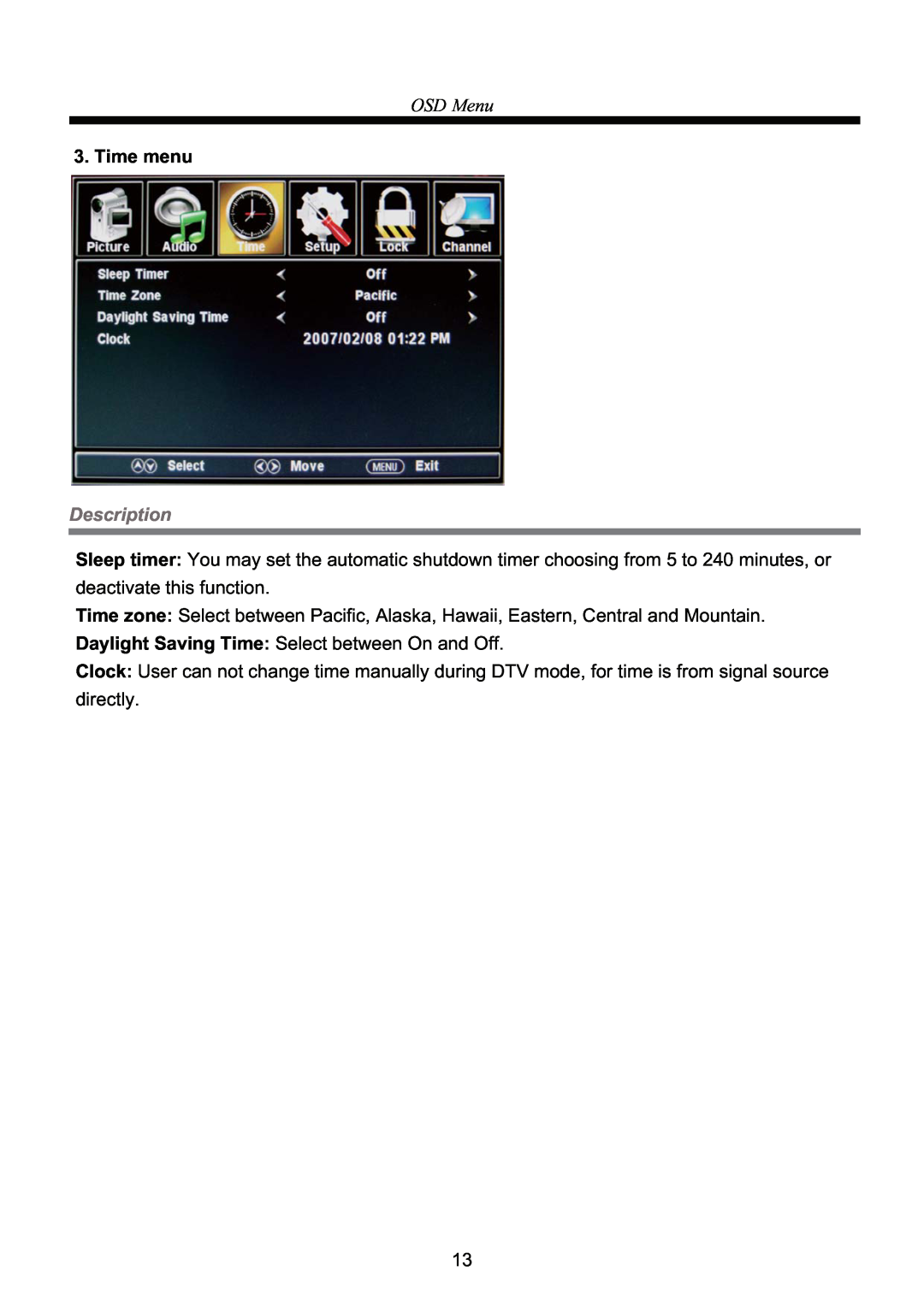Curtis RLED3218A manual OSD Menu, Time menu, Description 
