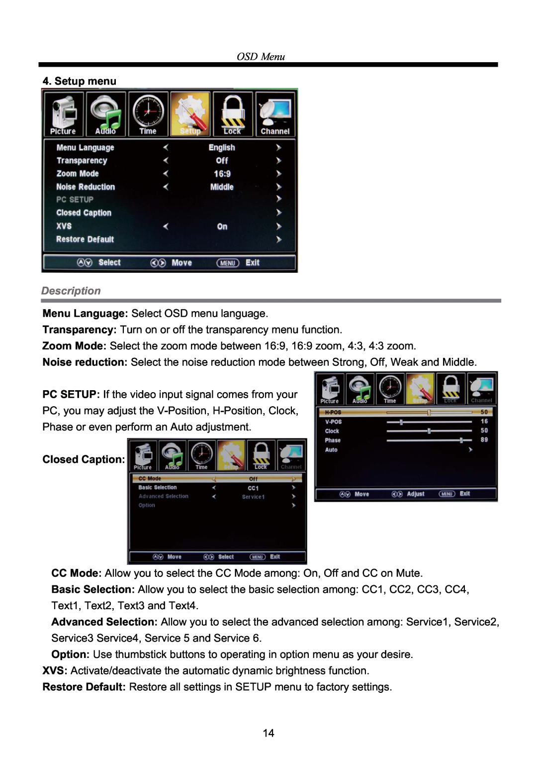 Curtis RLED3218A manual OSD Menu, Setup menu, Description, Closed Caption 