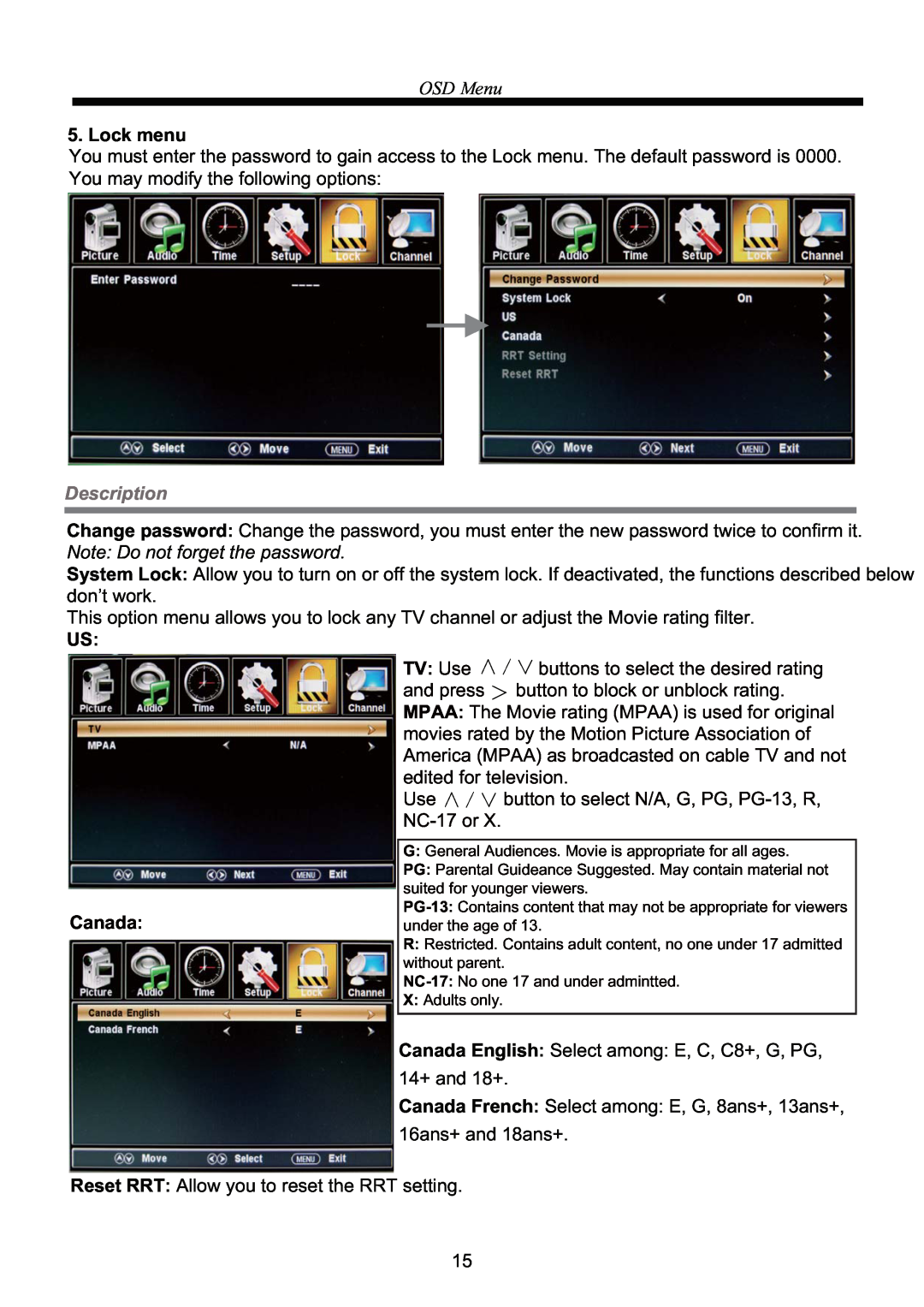 Curtis RLED3218A manual OSD Menu, Lock menu, Description, Note Do not forget the password, Canada, TV Use 
