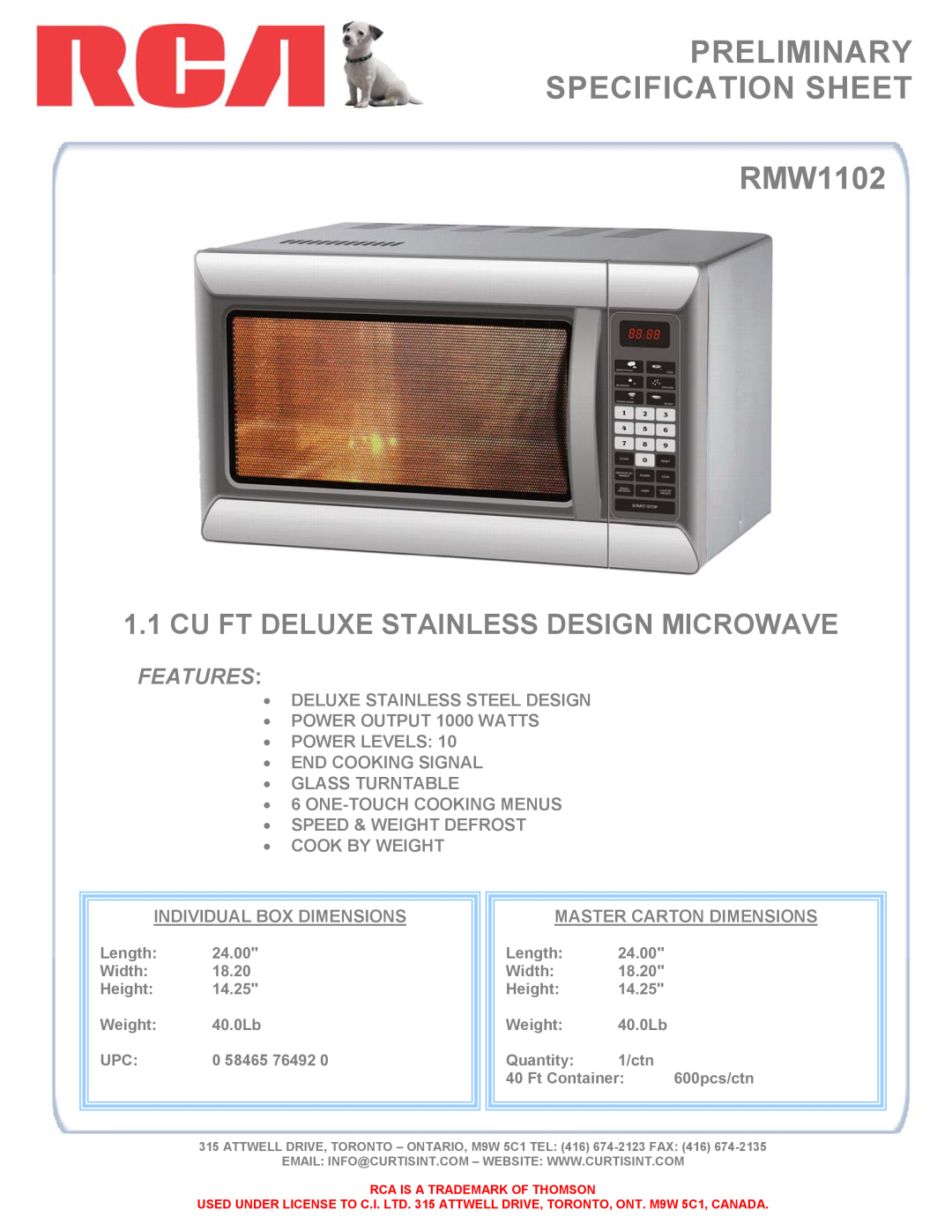 Curtis specifications PRELIMINARY SPECIFICATION SHEET RMW1102, Cu Ft Deluxe Stainless Design Microwave, Features 