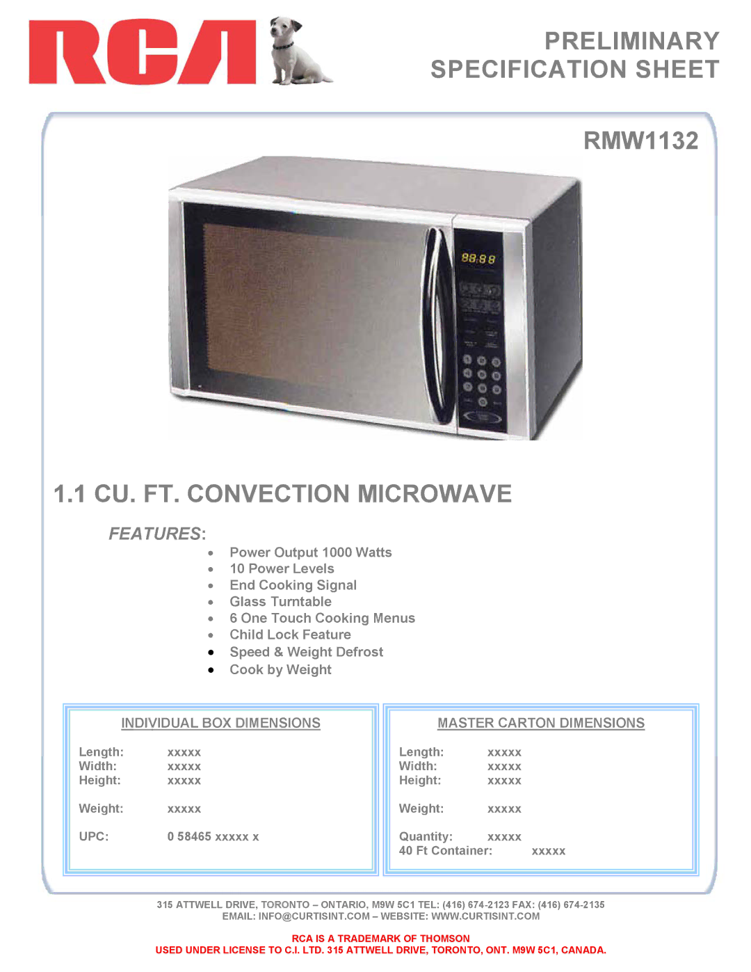 Curtis RMW1132 specifications Preliminary Specification Sheet, CU. FT. Convection Microwave, Features, Upc 