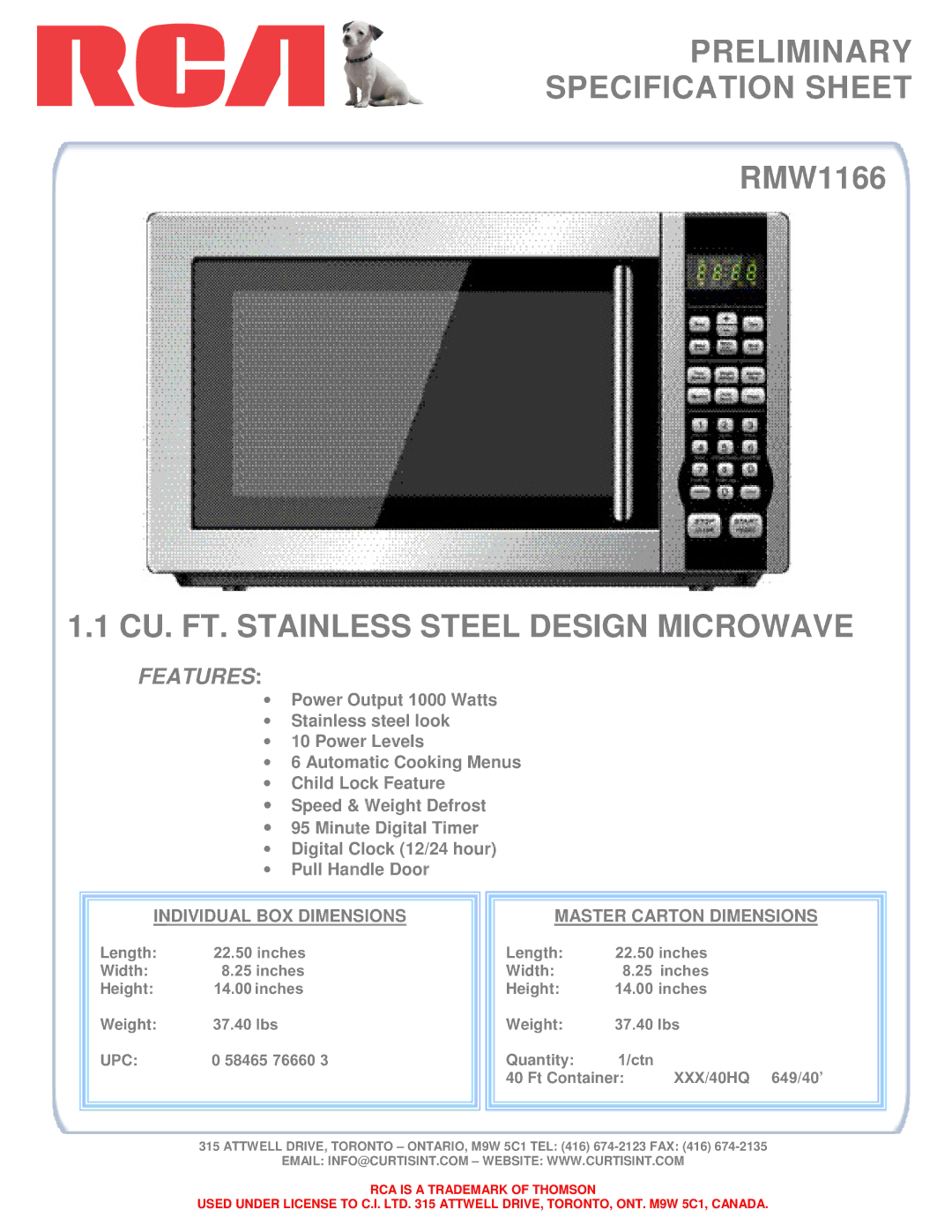 Curtis RMW1166 manual Preliminary Specification Sheet, CU. FT. Stainless Steel Design Microwave, Features, Upc 