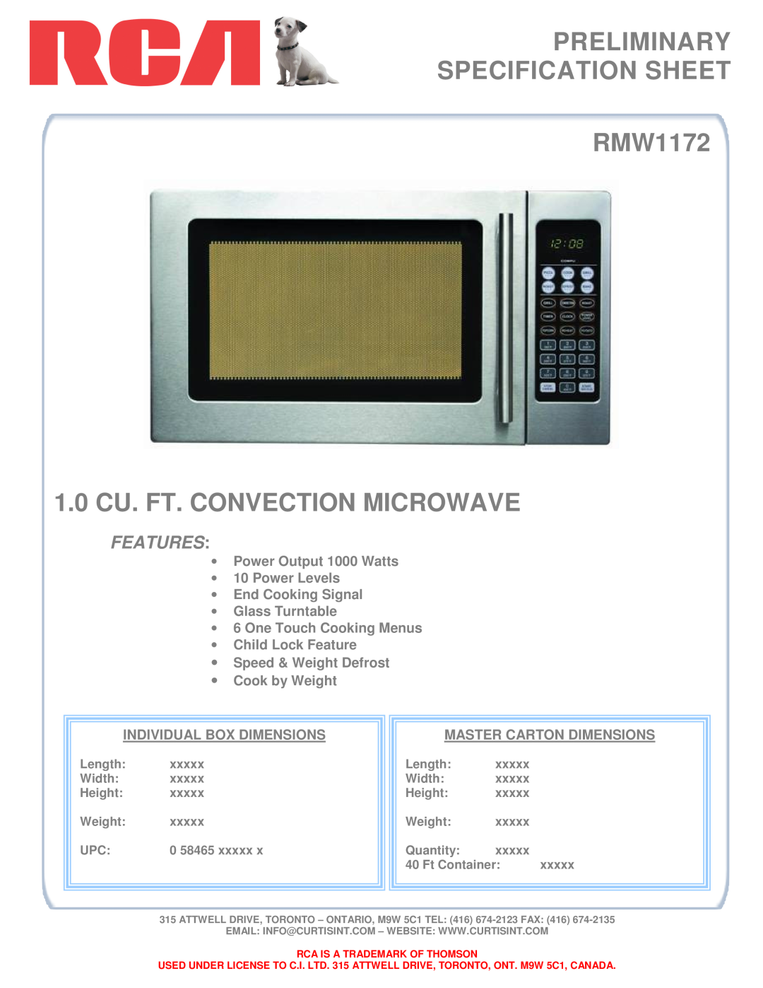 Curtis specifications PRELIMINARY SPECIFICATION SHEET RMW1172, 1.0 CU. FT. CONVECTION MICROWAVE, Features 