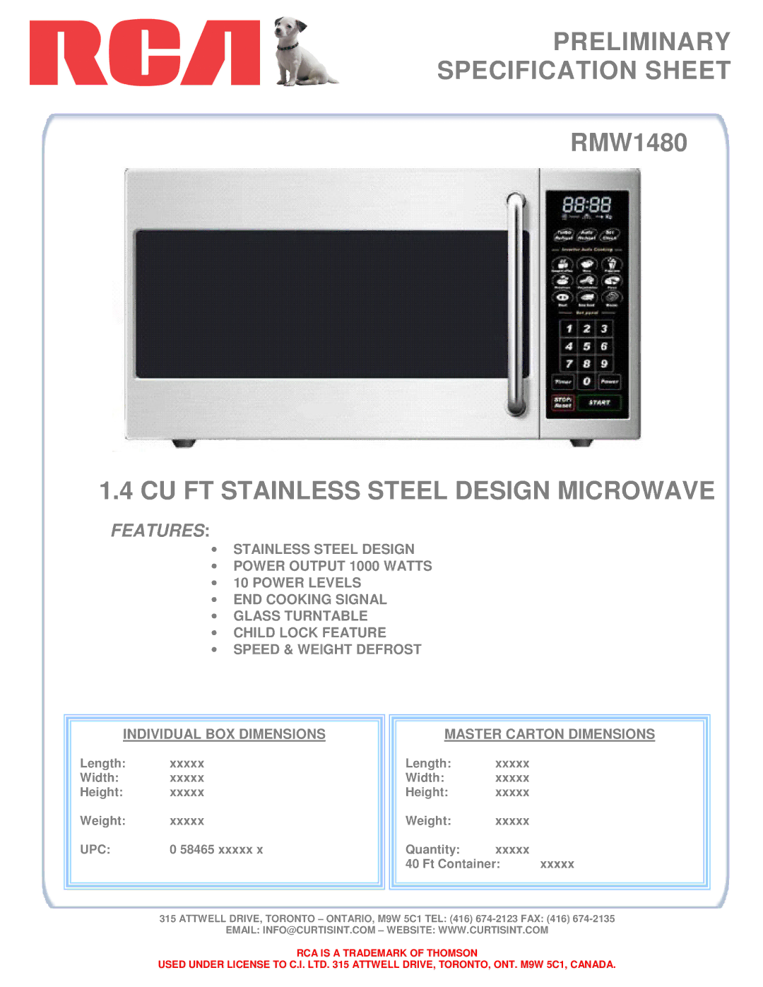 Curtis RMW1480 dimensions Preliminary Specification Sheet, CU FT Stainless Steel Design Microwave, Features, Upc 