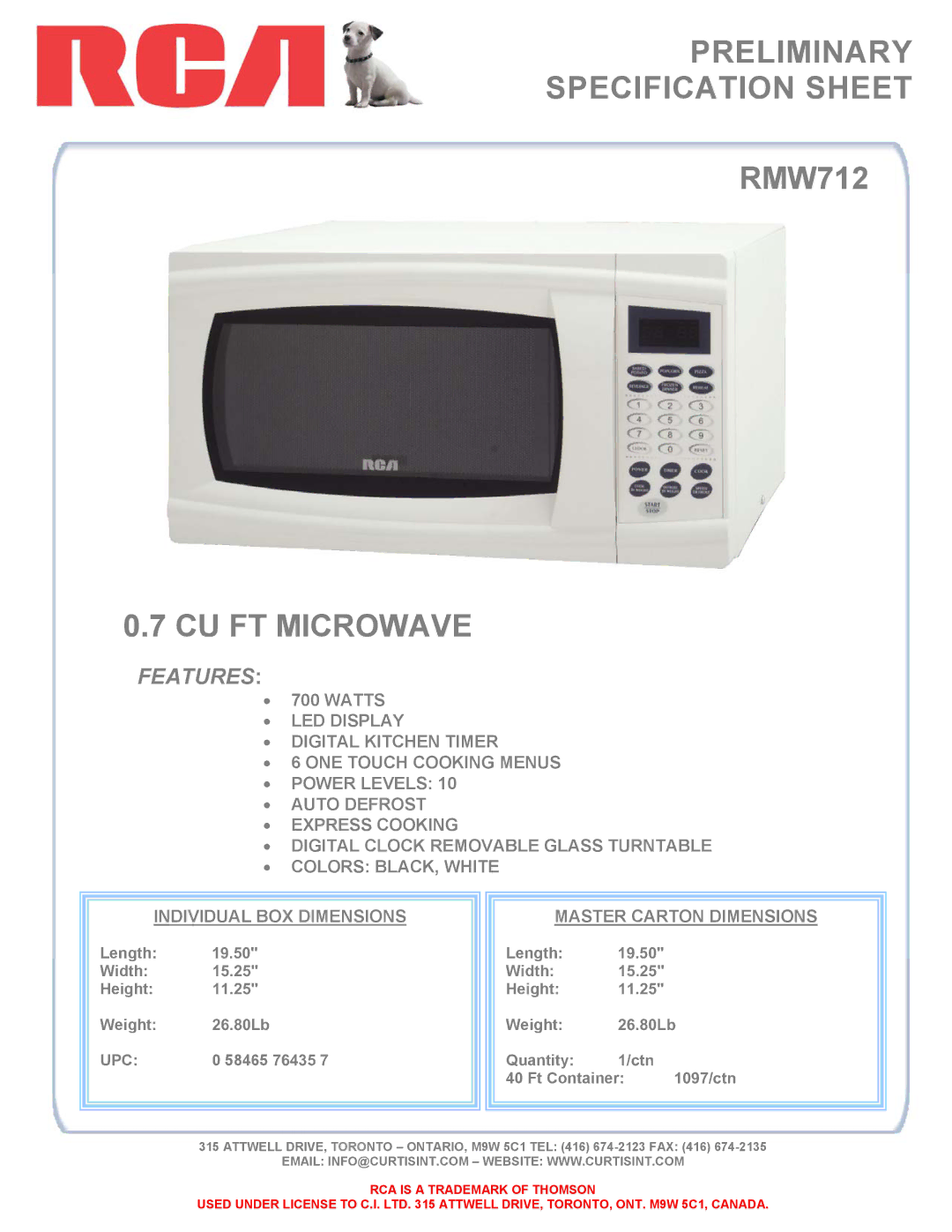 Curtis RMW712 specifications Preliminary Specification Sheet, CU FT Microwave, Features, Upc 