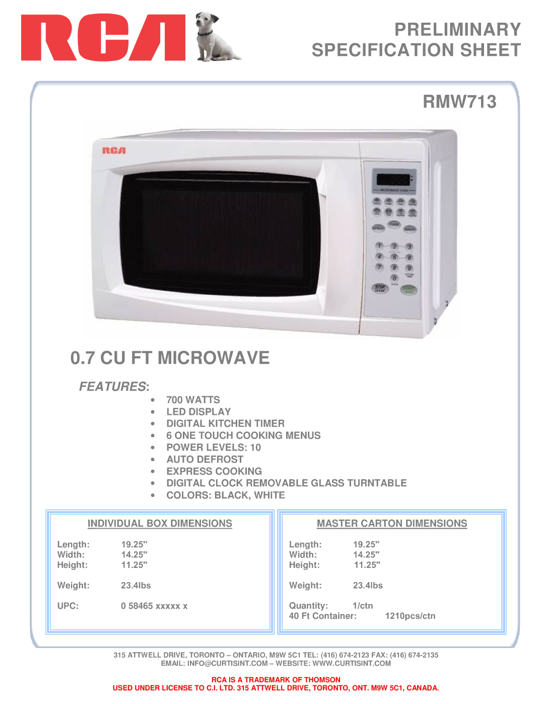 Curtis RMW713 dimensions Preliminary Specification Sheet, CU FT Microwave, Features, Upc 