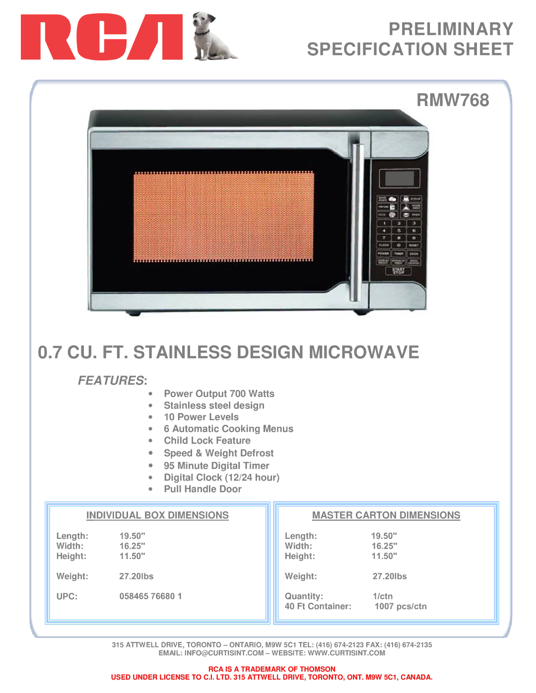 Curtis RMW768 manual Preliminary Specification Sheet, CU. FT. Stainless Design Microwave, Features, Upc 