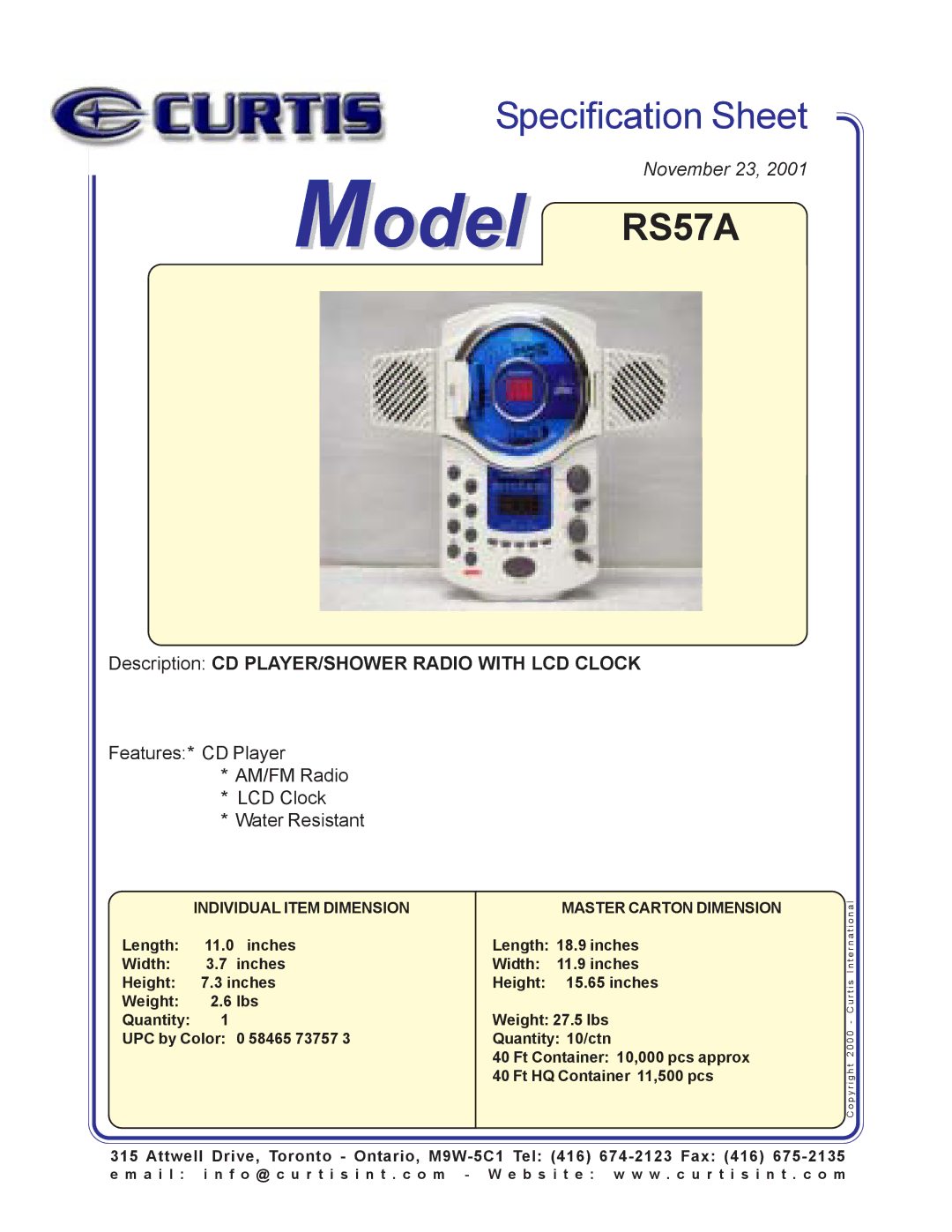 Curtis specifications Model RS57A, Description CD PLAYER/SHOWER Radio with LCD Clock, Individual Item Dimension 