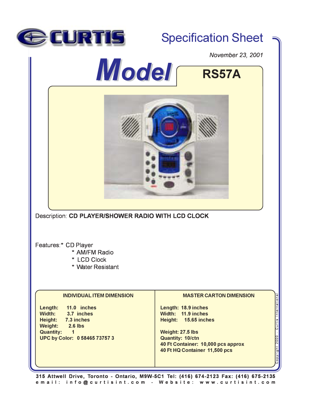 Curtis specifications Model RS57A, Specification Sheet, November, Place Image Here, Water Resistant 