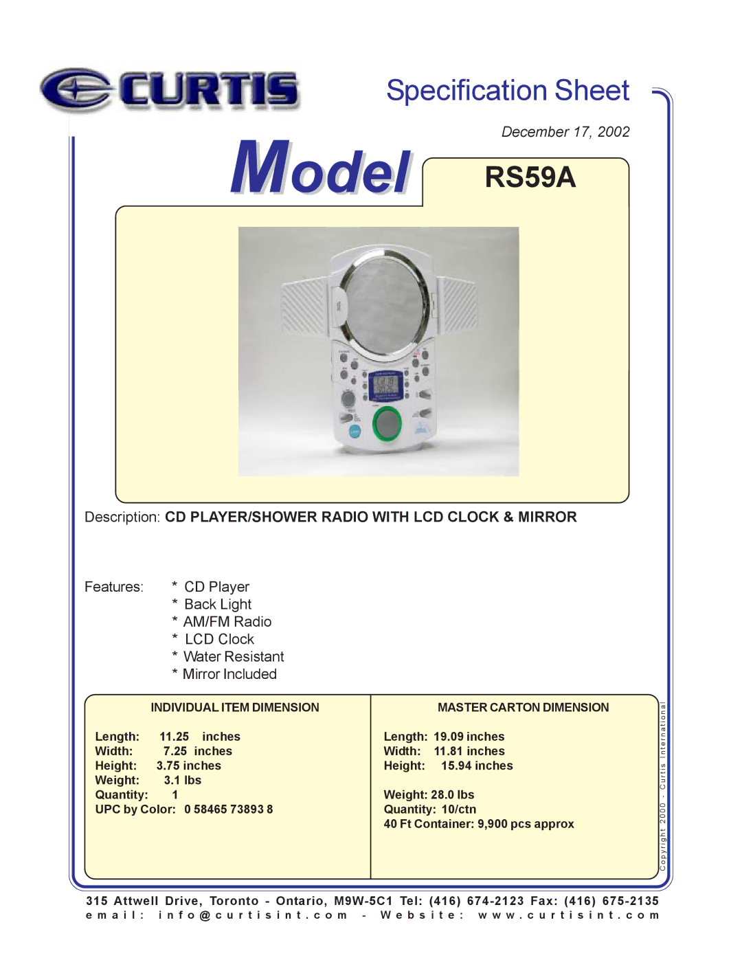 Curtis specifications Model RS59A, Description CD PLAYER/SHOWER Radio with LCD Clock & Mirror, Master Carton Dimension 