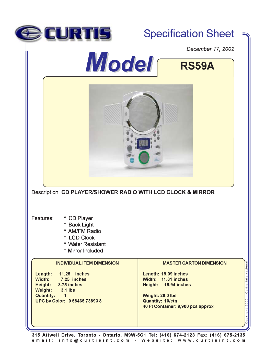 Curtis specifications Model RS59A, Specification Sheet, December, Place Image Here 