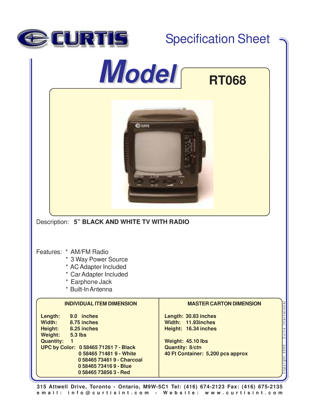 Curtis specifications Model RT068, Description 5 Black and White TV with Radio, Individual Item Dimension 