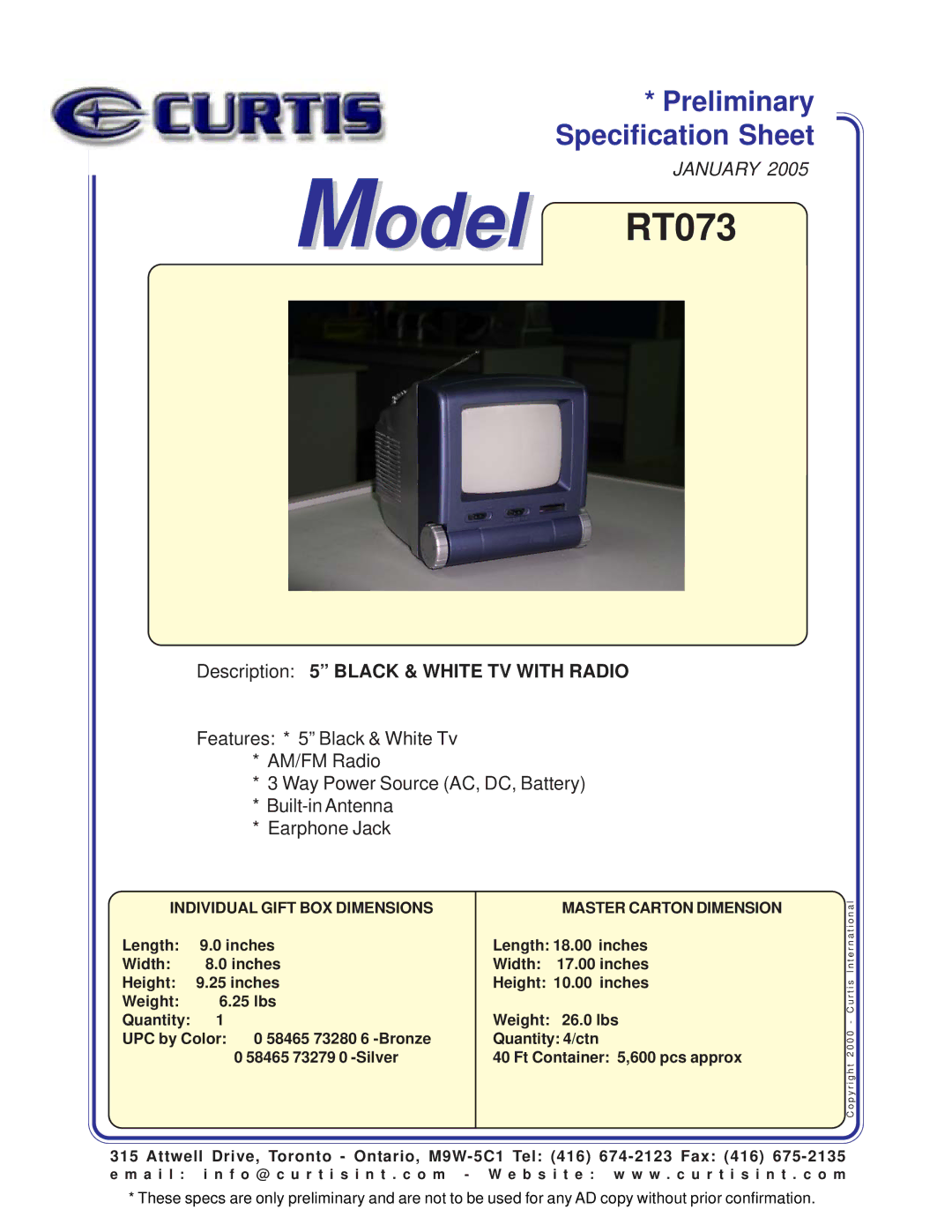 Curtis specifications Model RT073, Description 5 Black & White TV with Radio, Individual Gift BOX Dimensions 