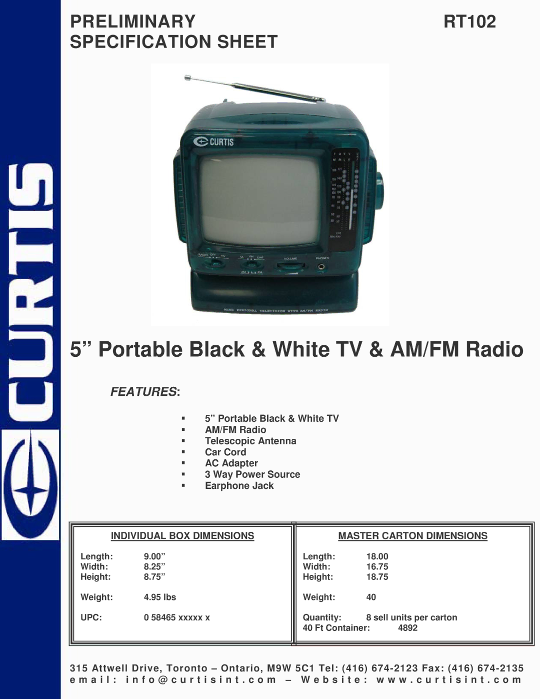 Curtis RT102 specifications Portable Black & White TV & AM/FM Radio, Features 