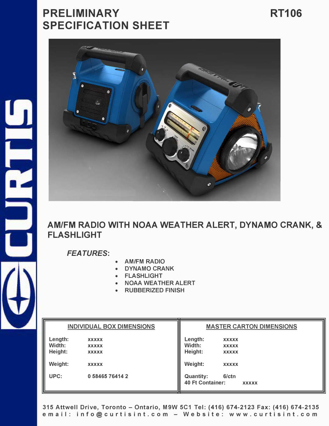 Curtis specifications PRELIMINARYRT106 Specification Sheet, Features 