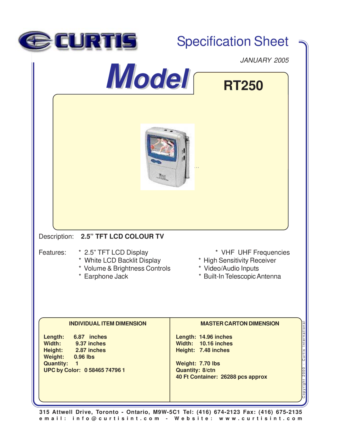 Curtis specifications Model RT250, Description 2.5 TFT LCD Colour TV, Individual Item Dimension 