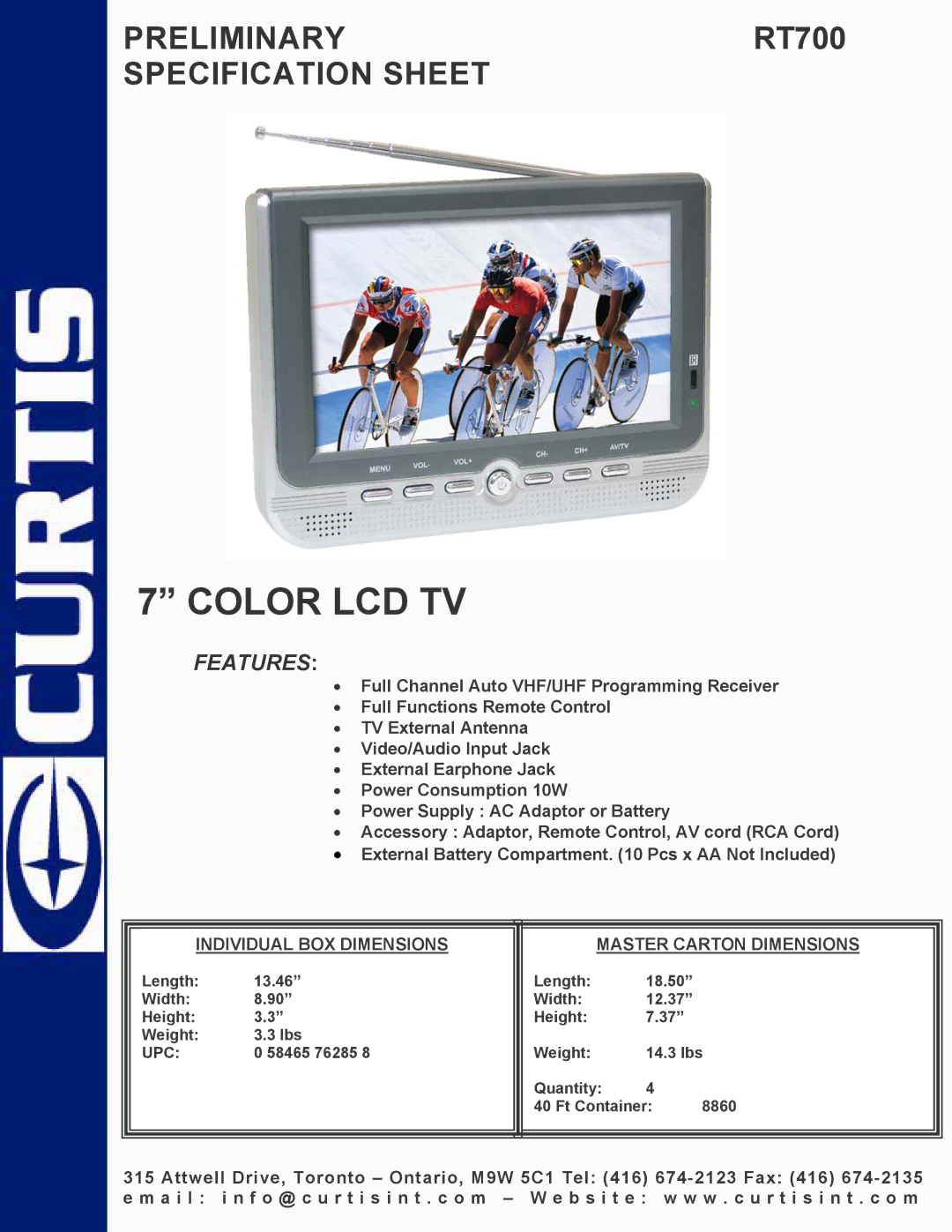 Curtis RT700 specifications Color LCD TV, Features, Individual BOX Dimensions Master Carton Dimensions 