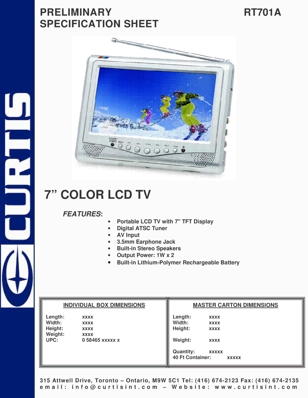 Curtis RT701A specifications Color LCD TV, Features, Individual BOX Dimensions Master Carton Dimensions 