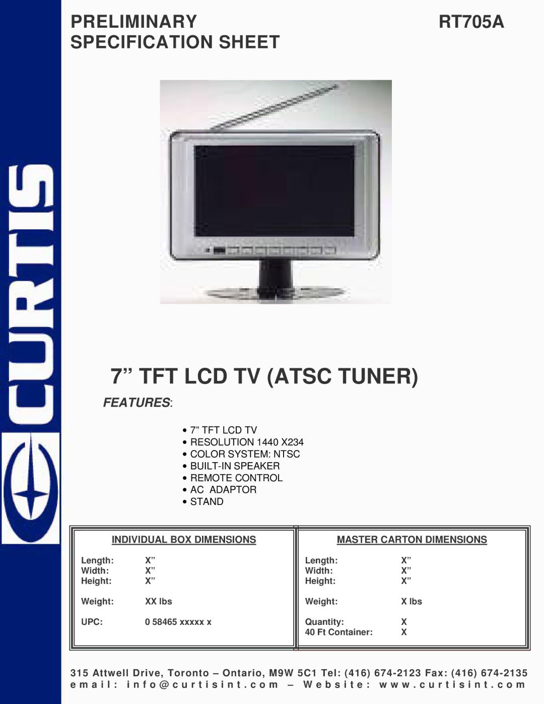 Curtis RT705A specifications TFT LCD TV Atsc Tuner, Features, Individual BOX Dimensions Master Carton Dimensions 