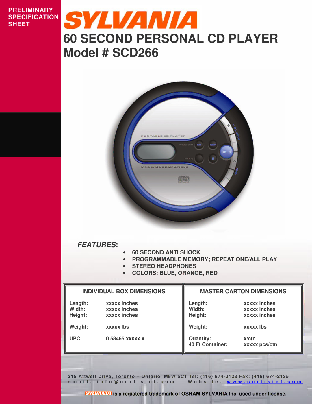 Curtis specifications Second Personal CD Player Model # SCD266, Features, Upc 