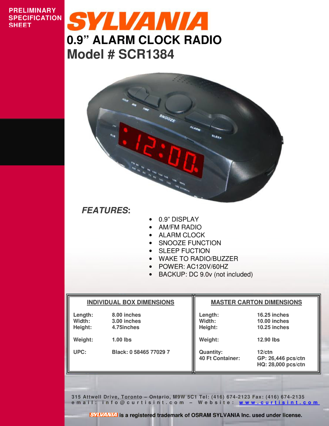 Curtis specifications Model # SCR1384, Features, Display, Power AC120V/60HZ Backup DC 9.0v not included 