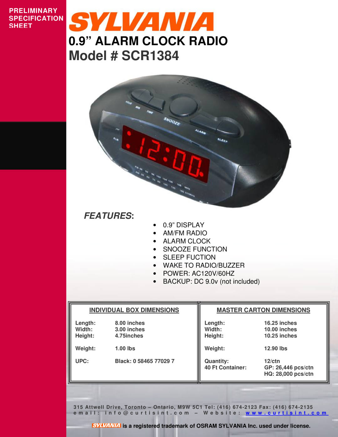 Curtis specifications Model # SCR1384, 0.9” ALARM CLOCK RADIO, Features, Preliminary Specification Sheet 