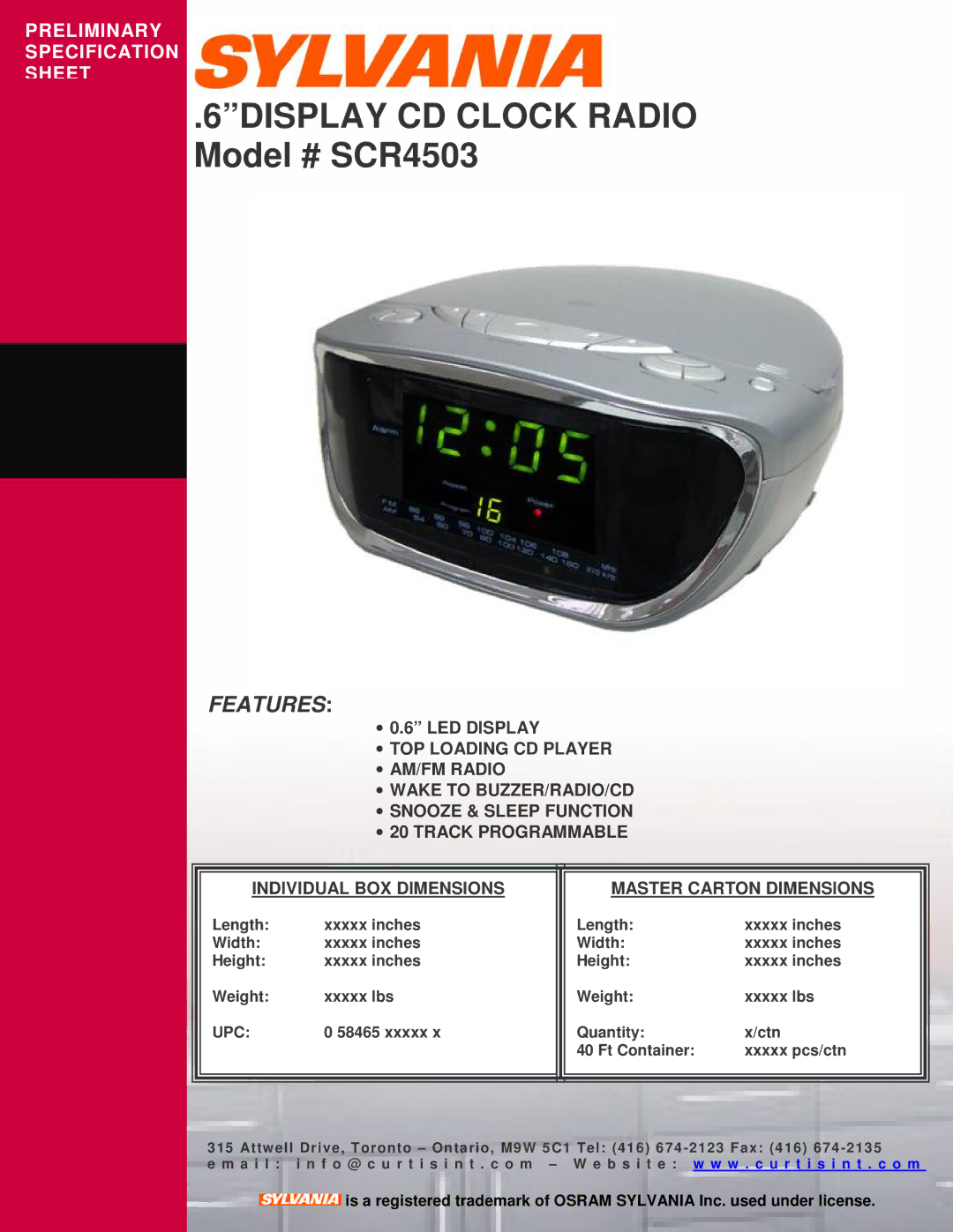 Curtis specifications 6DISPLAY CD Clock Radio Model # SCR4503, Features, Upc 