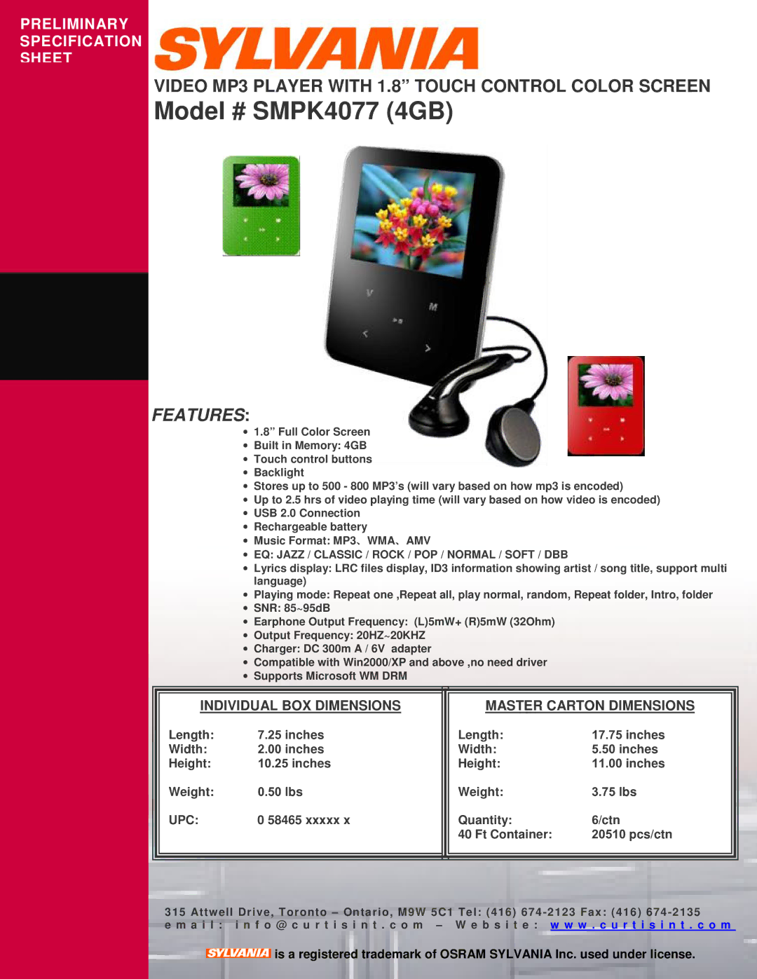 Curtis dimensions Model # SMPK4077 4GB, Features, Individual BOX Dimensions Master Carton Dimensions, Upc 