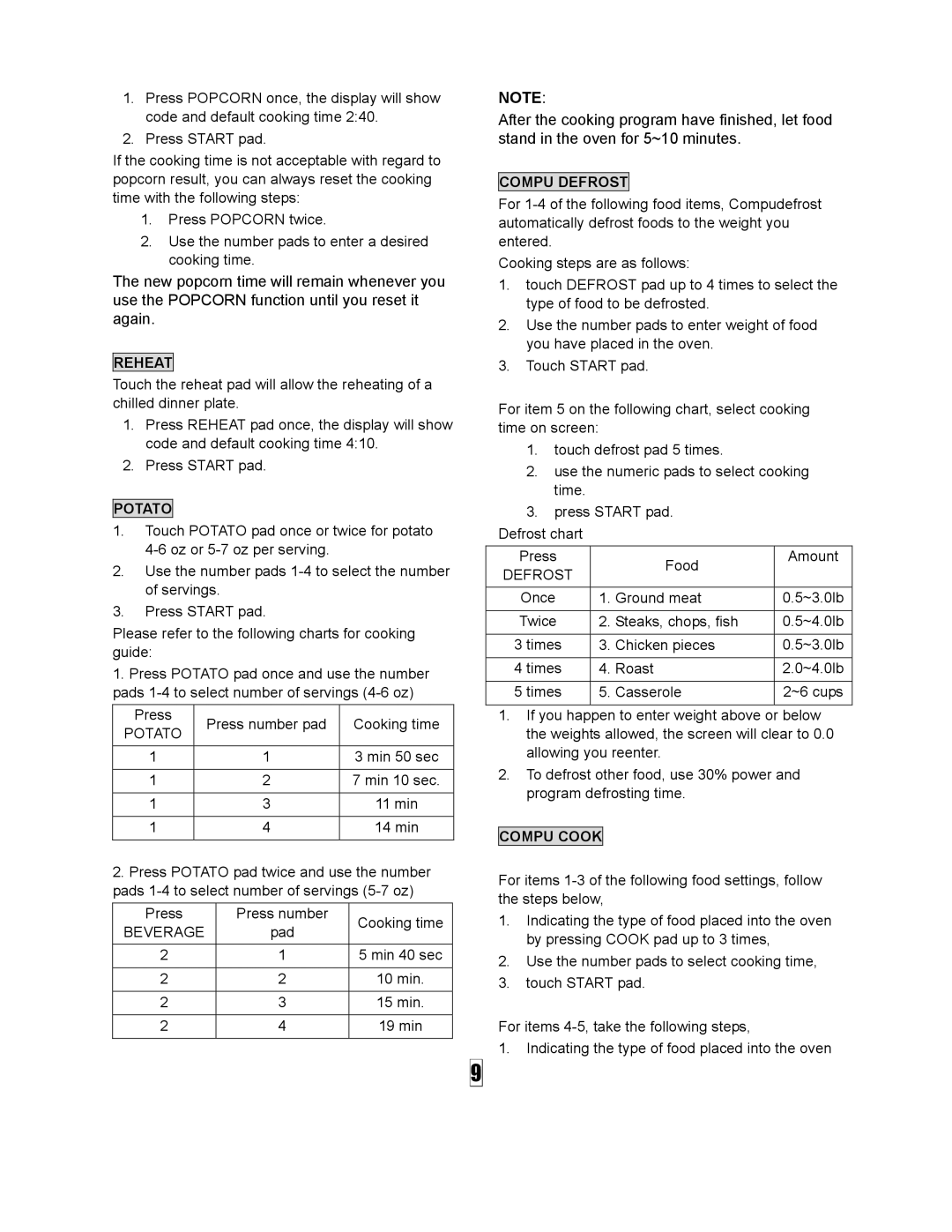 Curtis SMW5500 owner manual Reheat, Potato, Compu Defrost, Compu Cook 