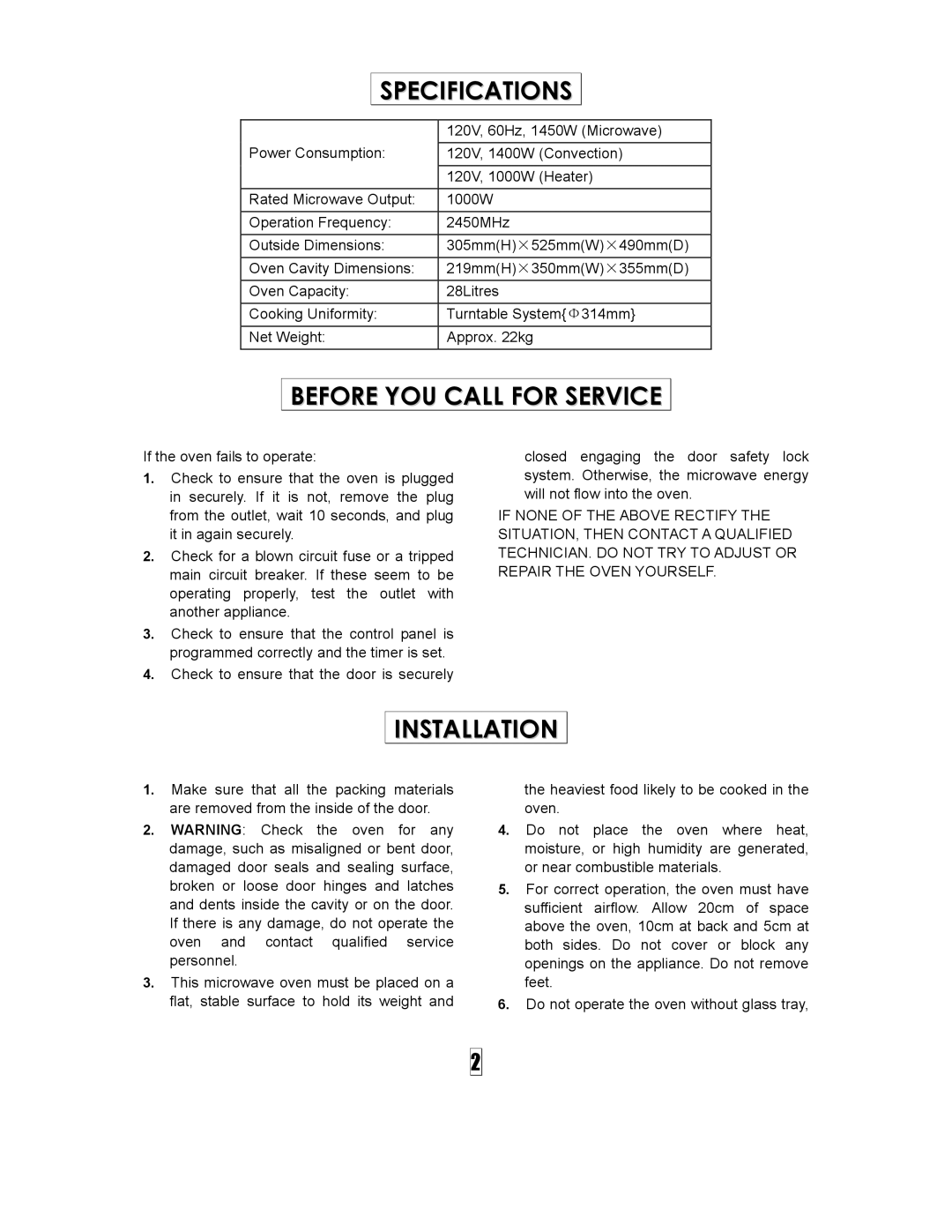 Curtis SMW5500 owner manual Specifications, Before YOU Call for Service, Installation 