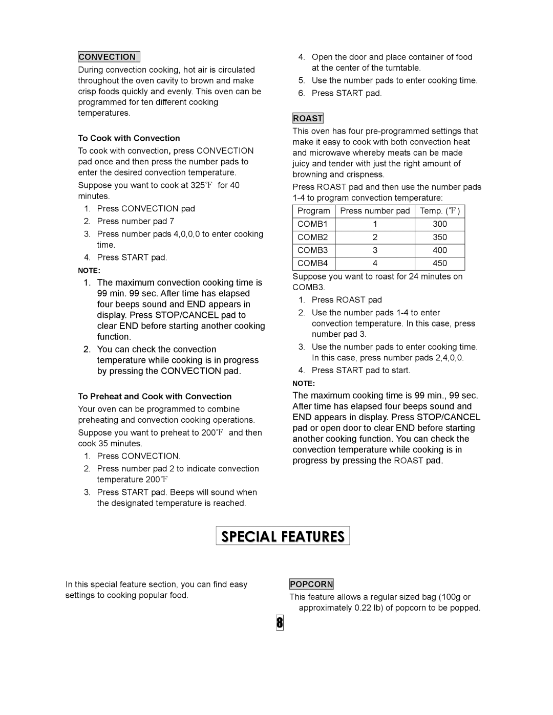 Curtis SMW5500 owner manual Special Features, Roast, Popcorn 