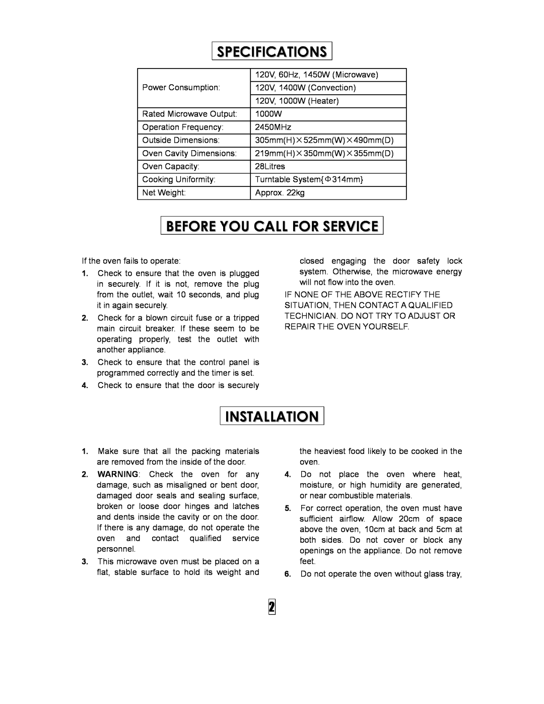Curtis SMW5500 owner manual Specifications, Before You Call For Service, Installation 