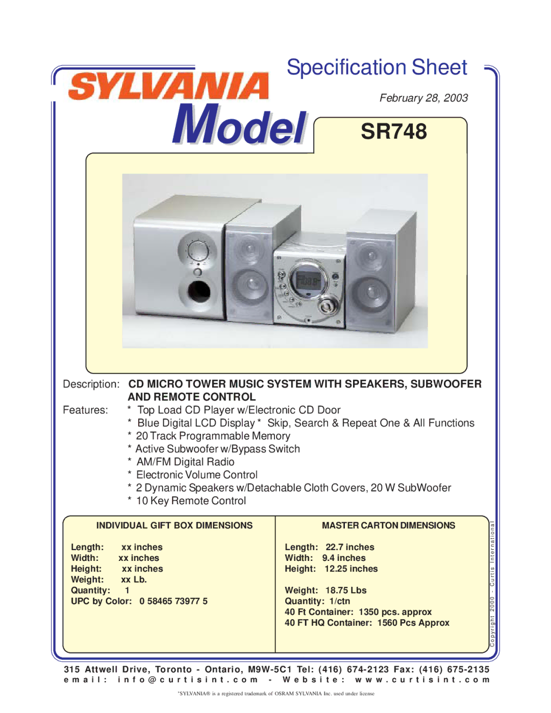 Curtis specifications Model SR748, Remote Control, Individual Gift BOX Dimensions, Master Carton Dimensions 