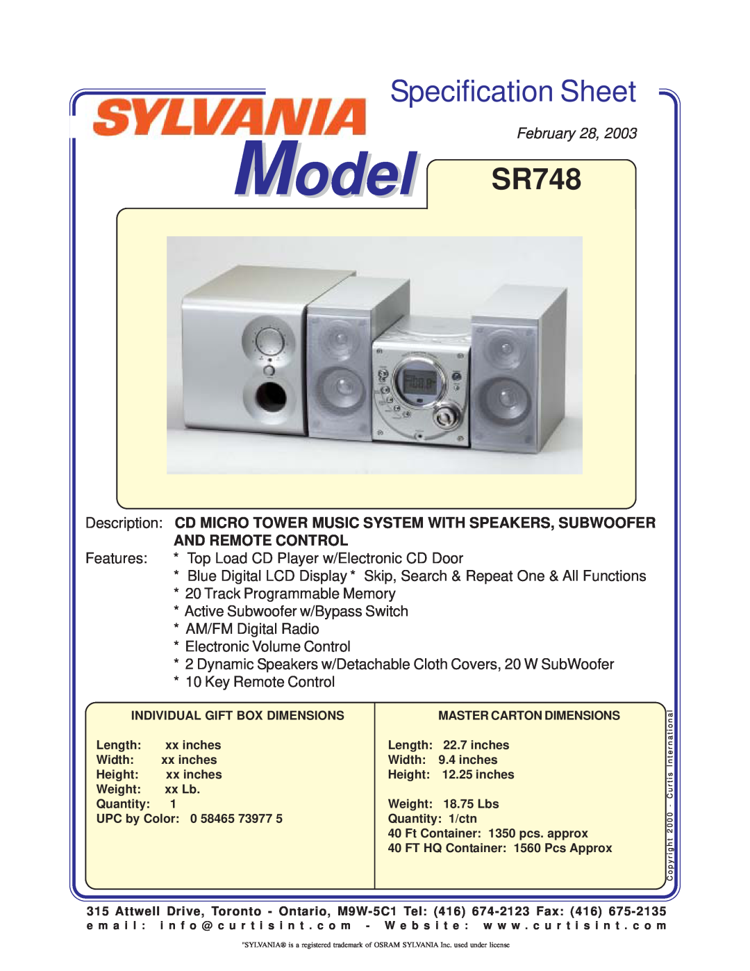 Curtis specifications Model SR748, Specification Sheet, February, Place Image Here, And Remote Control 