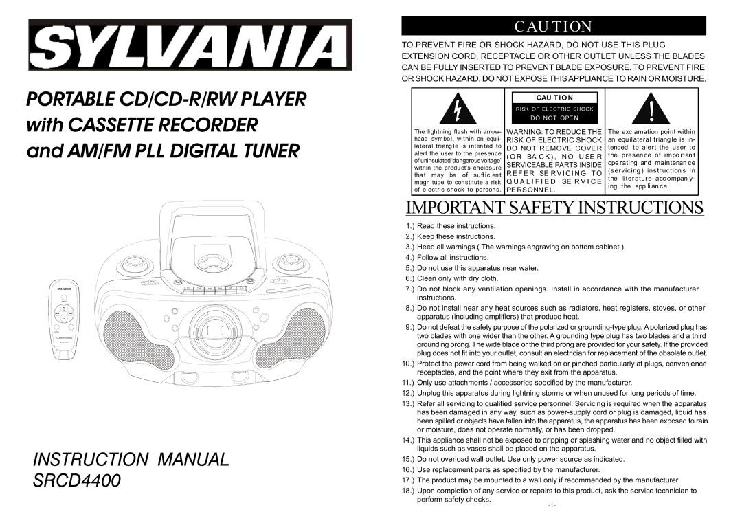 Curtis SRCD-4400 instruction manual Portable CD/CD-R/RW Player 