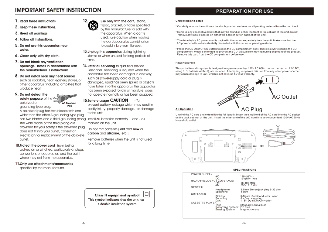 Curtis SRCD-4400 instruction manual Preparation for USE, Unpacking and Setup, Power Sources, AC Operation, Specifications 