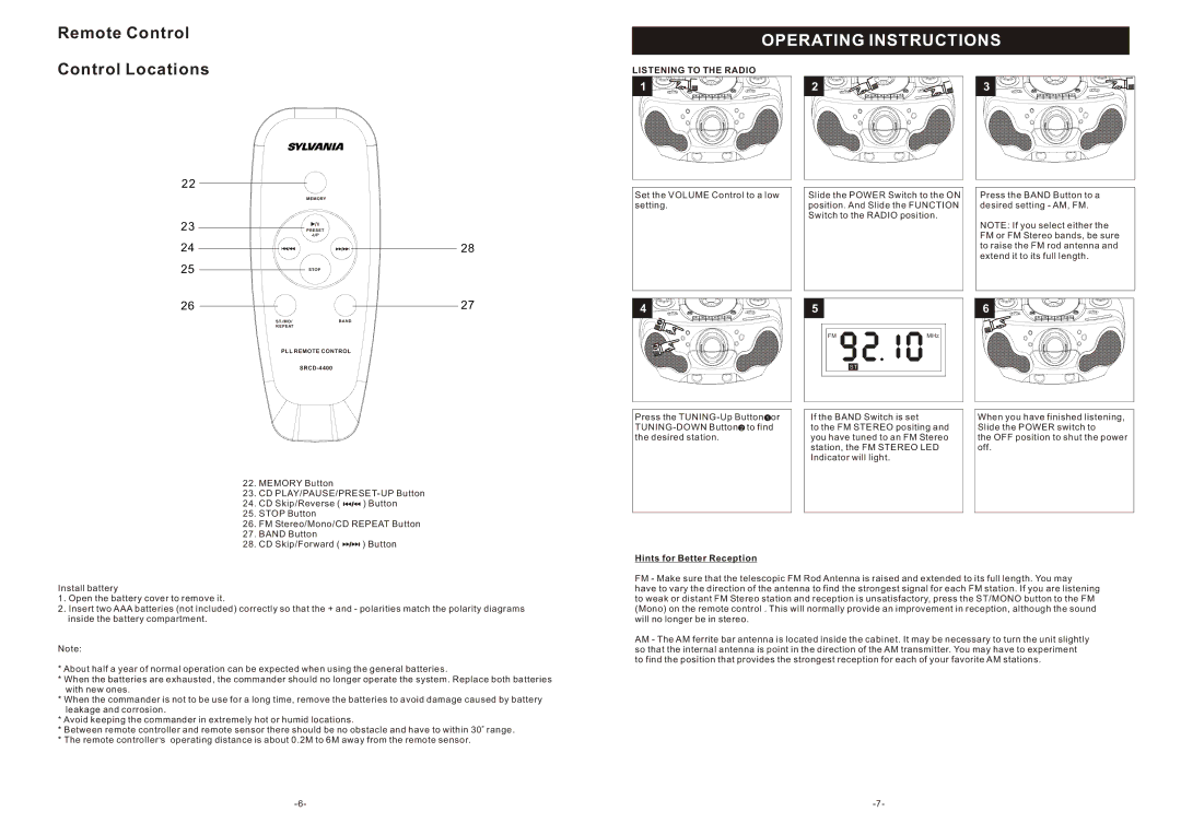 Curtis SRCD-4400 instruction manual Operating Instructions, Listening to the Radio, Hints for Better Reception 