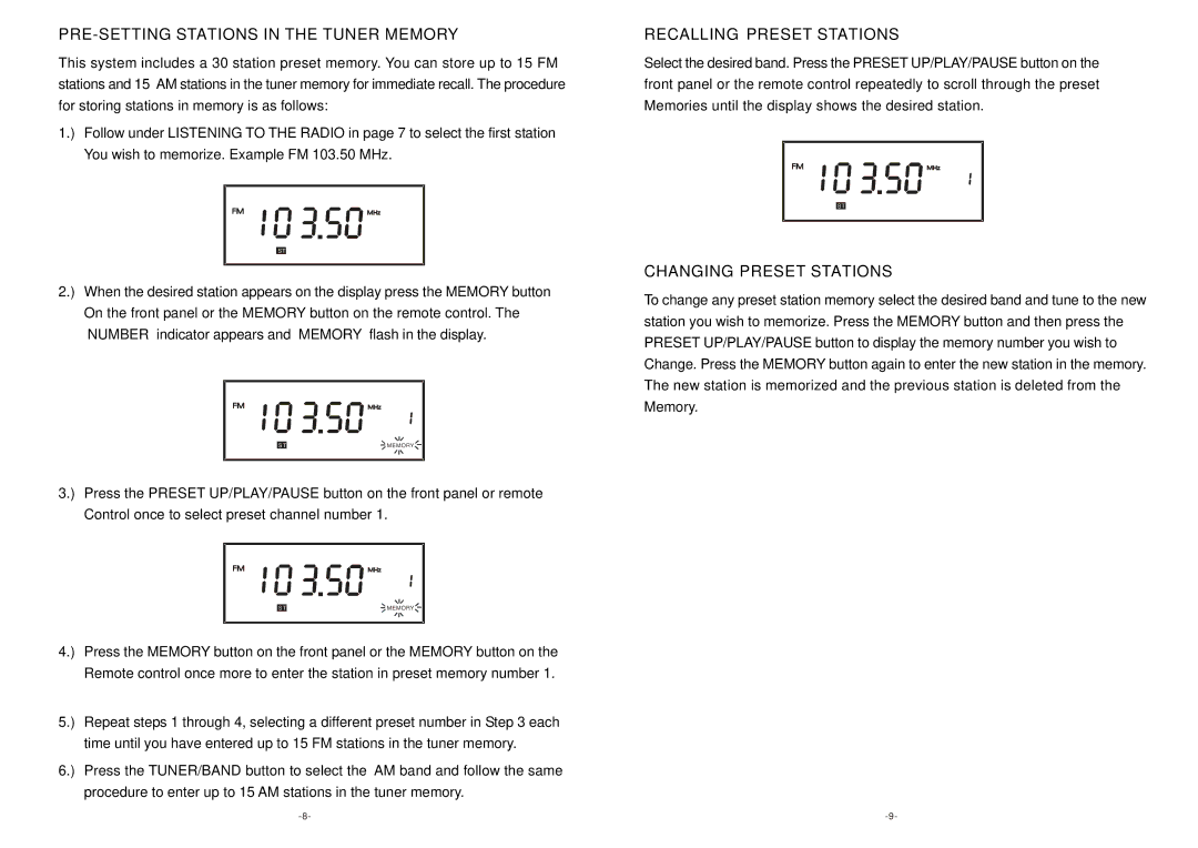 Curtis SRCD-4400 instruction manual PRE-SETTING Stations in the Tuner Memory 